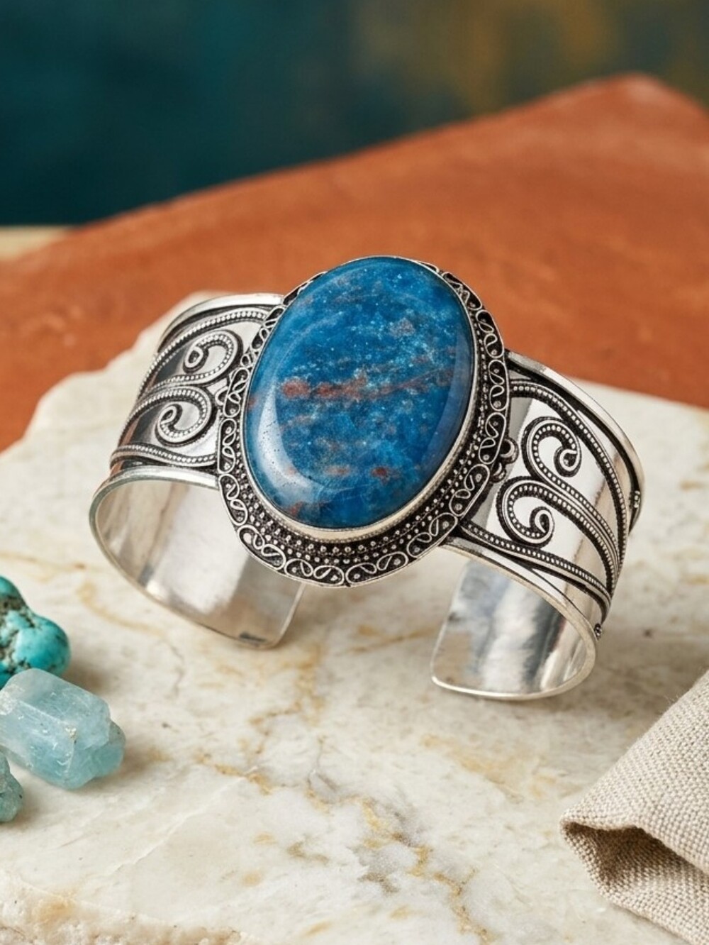 925 Sterling Silver Apatite Wide Cuff Bracelet Artisan Handmade Bohemian Witchy